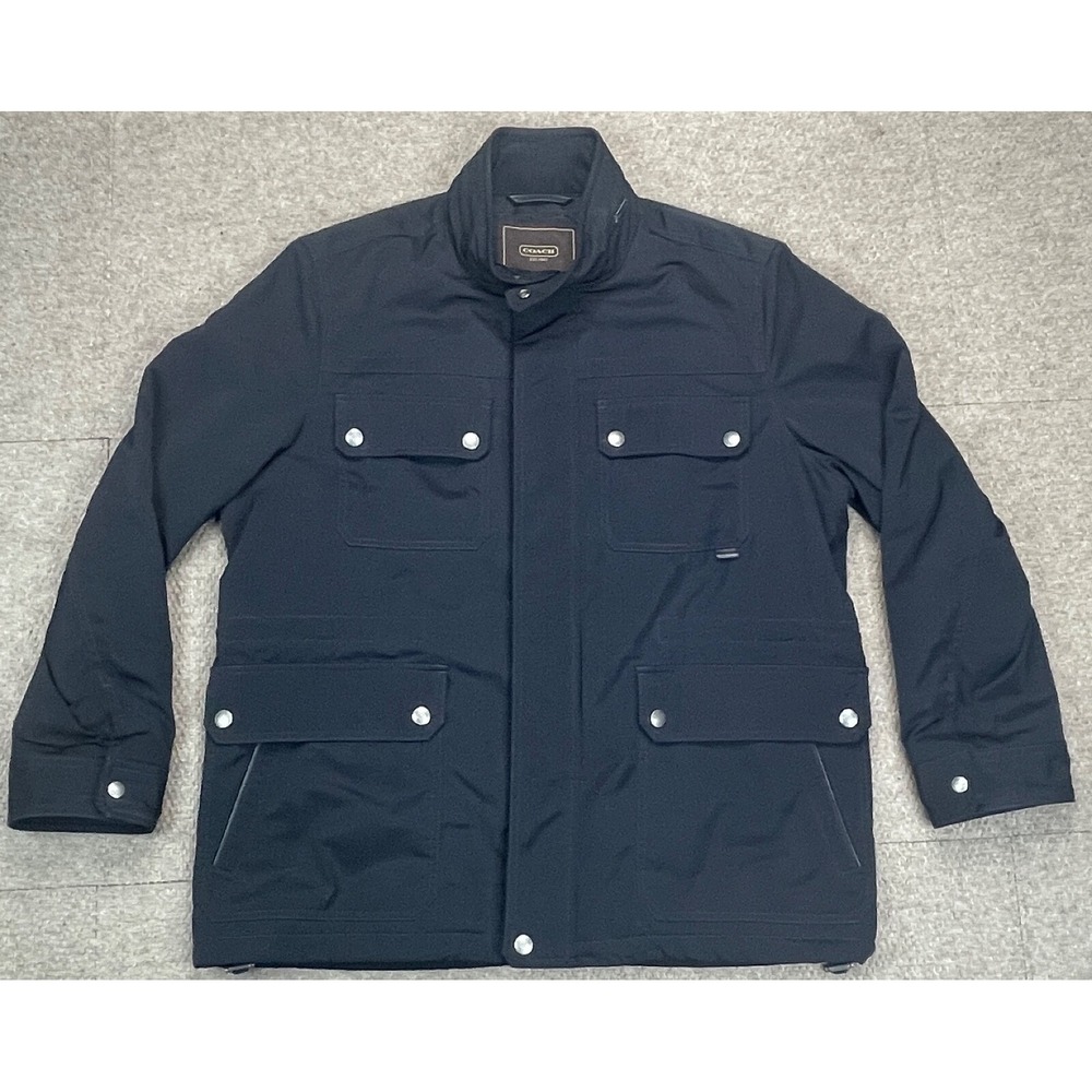 Coach Black Full Zip Hidden Hood Leather Trimmed Pockets Men's Jacket Size XXL